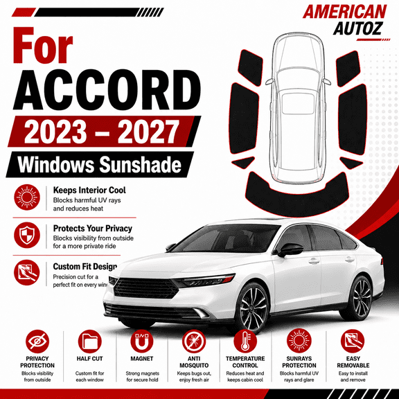 American Autoz Custom Fit Window Sunshade for Hond Accord 2023-2027, 7-Piece Magnetic Car Window Shades