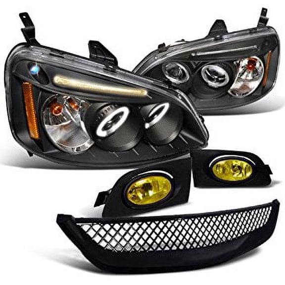 Honda Civic 2 4 Dr Blk Halo Led Proj Headlights , Yellow Fog Lights, Grille