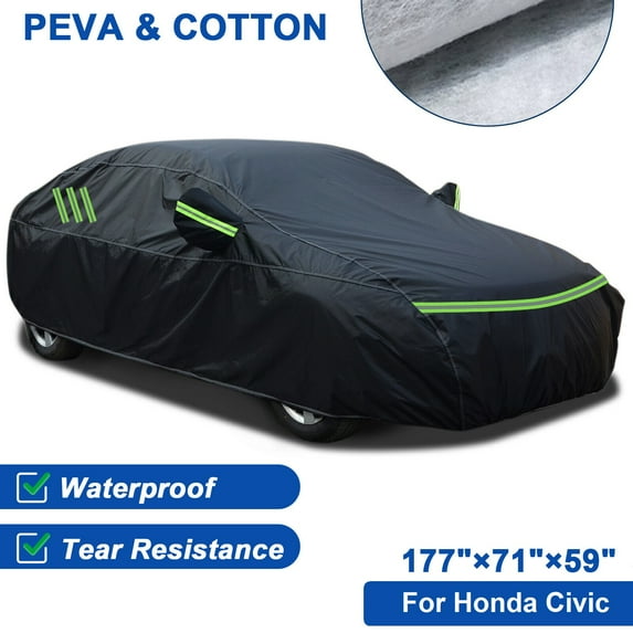 For Honda Civic Car Cover Hatchback Sedan Upgraded PEVA+Cotton Waterproof Full Automobiles Cover Outdoor Indoor Rain Sun Dust Protection All Weather Black