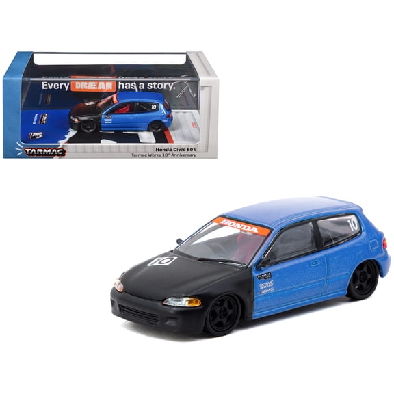 Honda Civic EG6 RHD #10 "Tarmac Works 10th Anniversary" Blue Metallic and Matt Black 1/64 Diecast Model Car by Tarmac Works