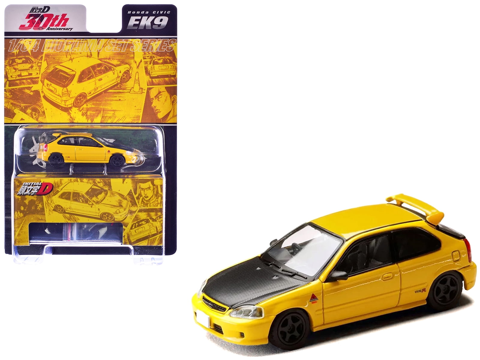Honda Civic (EK9) RHD Yellow with Carbon Hood "Initial D" (1995-2013) Manga 1/64 Diecast Model Car by Hobby Japan