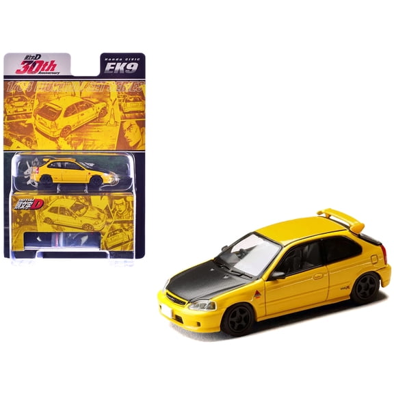Honda Civic (EK9) RHD Yellow with Carbon Hood "Initial D" (1995-2013) Manga 1/64 Diecast Model Car by Hobby Japan