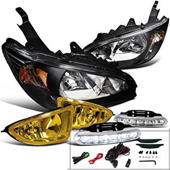 Honda Civic JDM Black Headlight+Yellow Fog Lamp+Bumper Light LED DRL 6000K