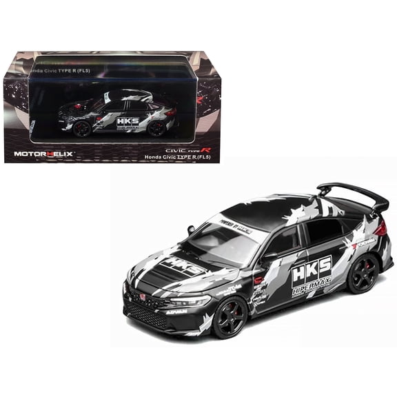 Honda Civic Type R (FL5) RHD (Right Hand Drive) "HKS" Matt Black with Graphics 1/64 Diecast Model Car by MotorHelix