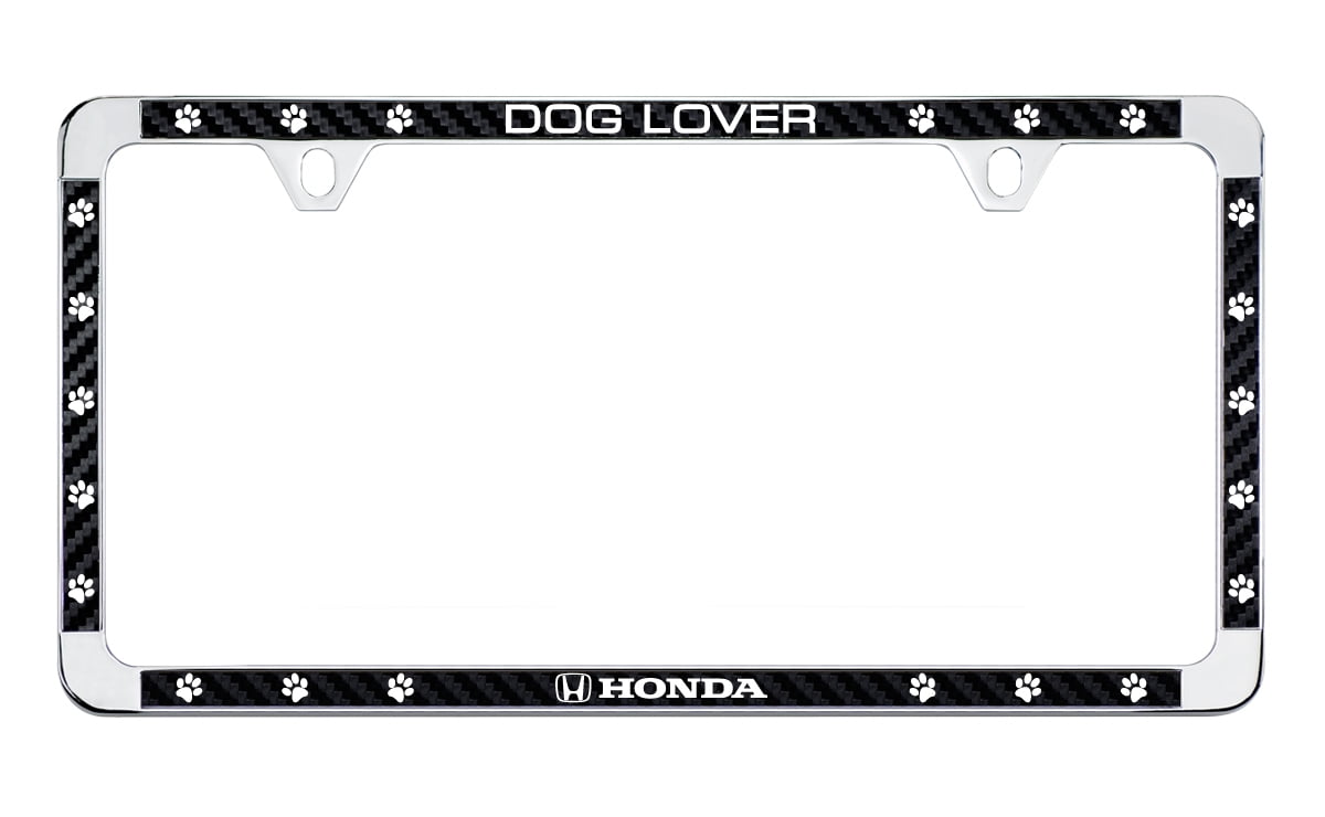 Honda Logo Black Carbon Fiber Vinyl Inlay License Frame With Dog Lover Imprint