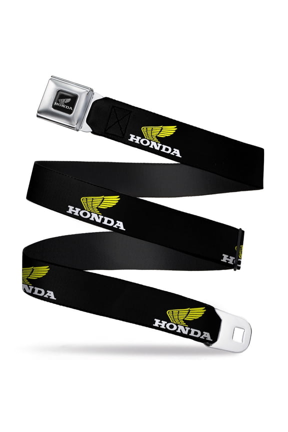 Honda Motorsports Belt, Seatbelt Buckle Belt, Honda Motorcycle Curved Logo Black Yellow White, 30 to 44 Inches