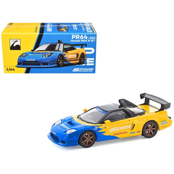 Honda NSX-R GT RHD (Right Hand Drive) "Spoon Sports" Blue and Yellow with Black Top 1/64 Diecast Model Car by Pop Race