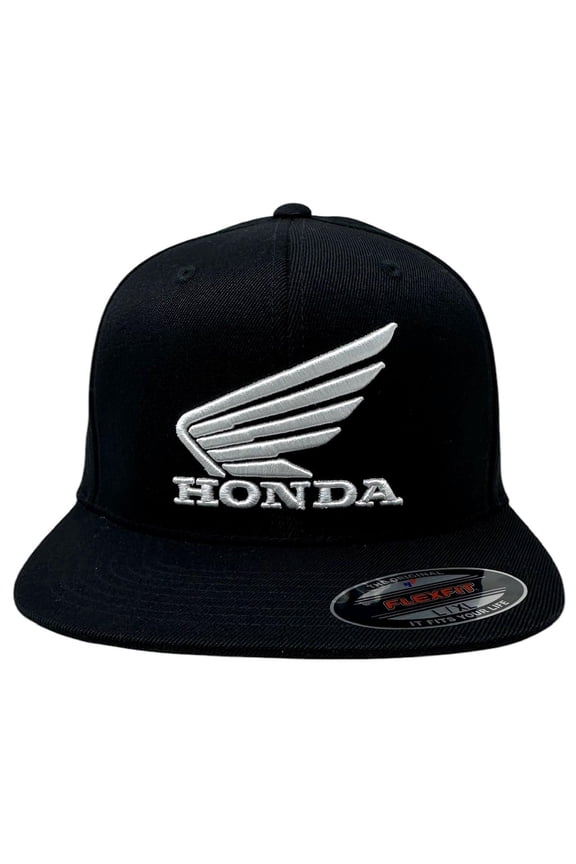 Racing Men's Hat Embroidered Wing FlexFit Fitted Wool Blend Flat Bill Cap (Small/Medium, Black)