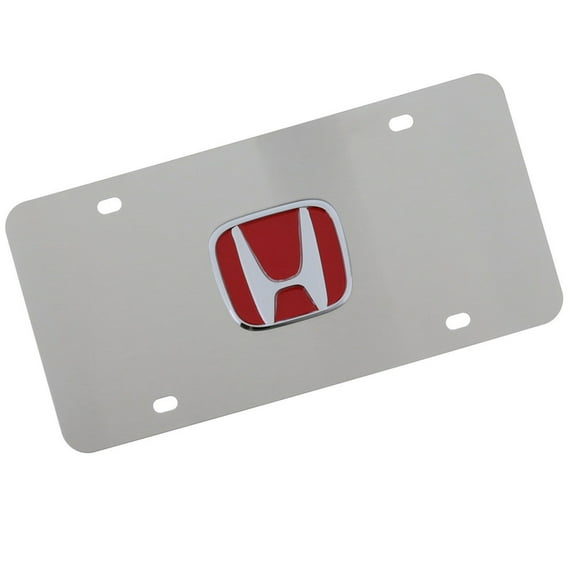 Honda Red Filled Chrome 3D Logo on Brushed Stainless Steel License Plate
