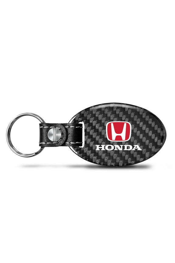 Honda Red Logo Real Carbon Fiber Large Oval Shape with Black Leather Strap Key Chain