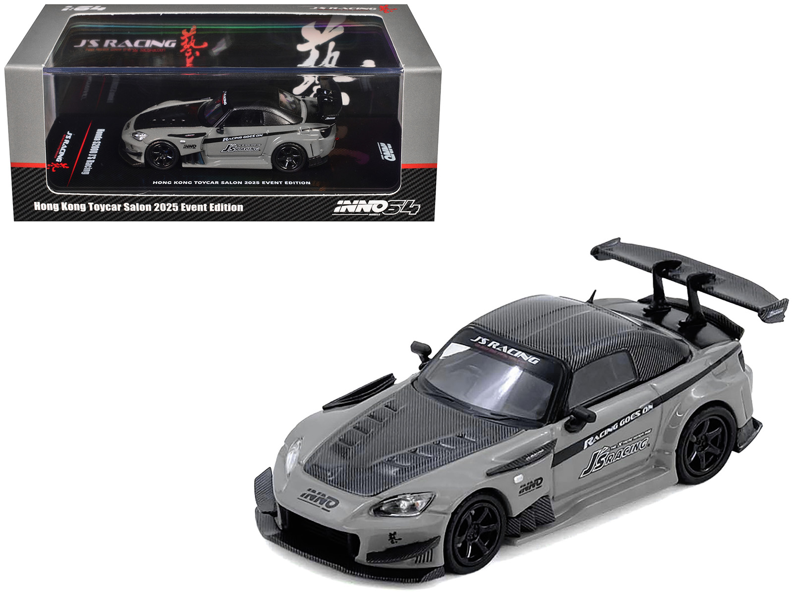 Honda S2000 RHD "J's Racing" Gray w/Carbon Hood & Top "Hong Kong Toycar Salon 2025" 1/64 Diecast Model Car by Inno Models