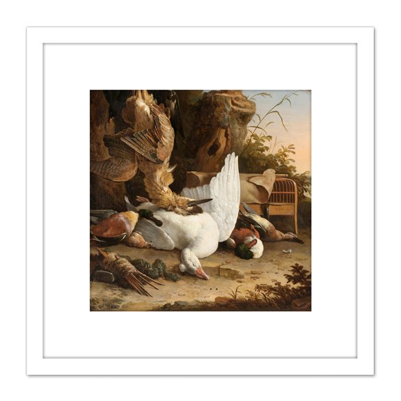 Hondecoeter Contemplative Magpie Birds Painting 8X8 Inch Square Wooden Framed Wall Art Print Picture with Mount
