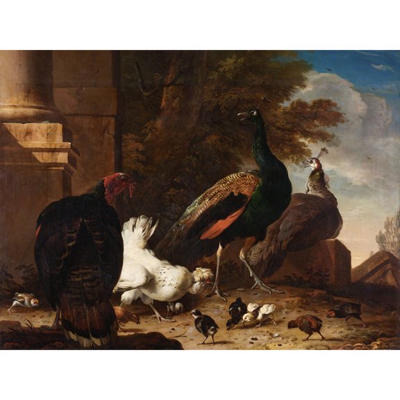 Hondecoeter Hen With Peacocks And Turkey Painting Extra Large XL Wall Art Poster Print