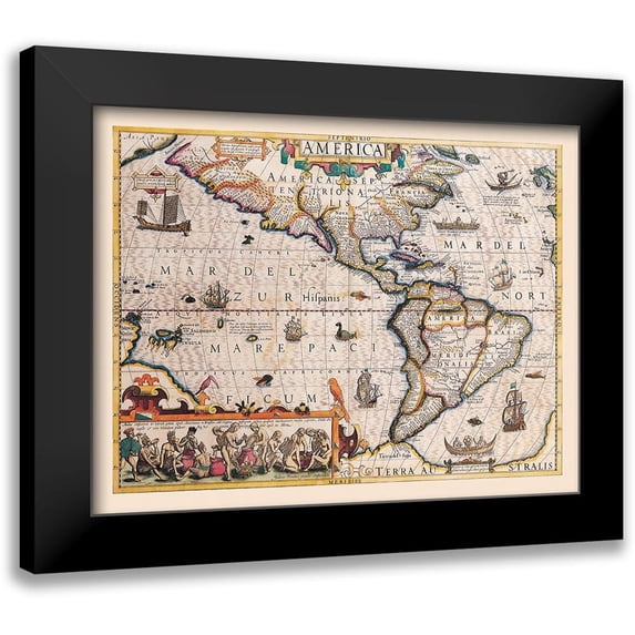 Hondius 14x12 Black Modern Framed Museum Art Print Titled - America - Hondius 1607
