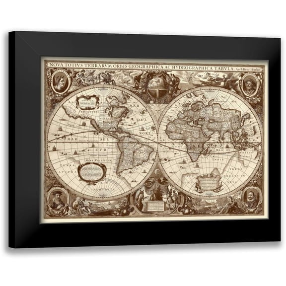 Hondius, Hendrik 14x11 Black Modern Framed Museum Art Print Titled - Nova Totius Terrarum Orbis Tabula