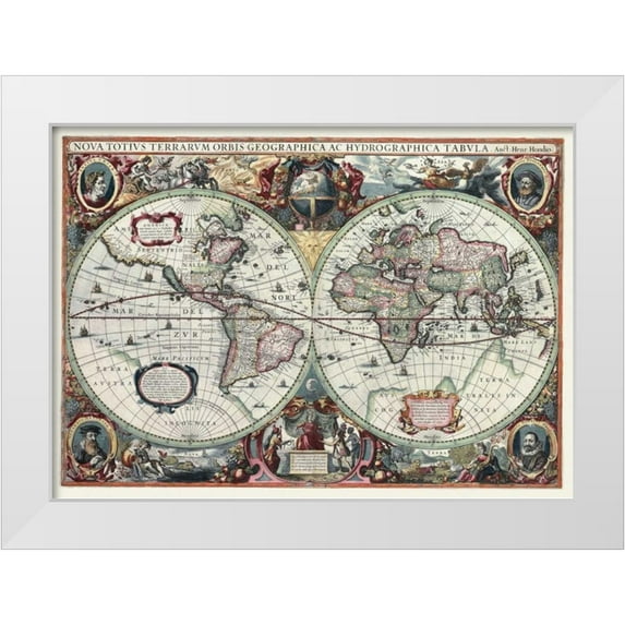 Hondius, Hendrik 18x14 White Modern Wood Framed Museum Art Print Titled - Nova Totius Terrarum Orbis Tabula