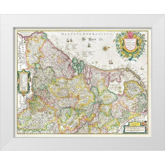 Hondius, Henricus 32x26 White Modern Wood Framed Museum Art Print Titled - Map of the Netherlands 1631