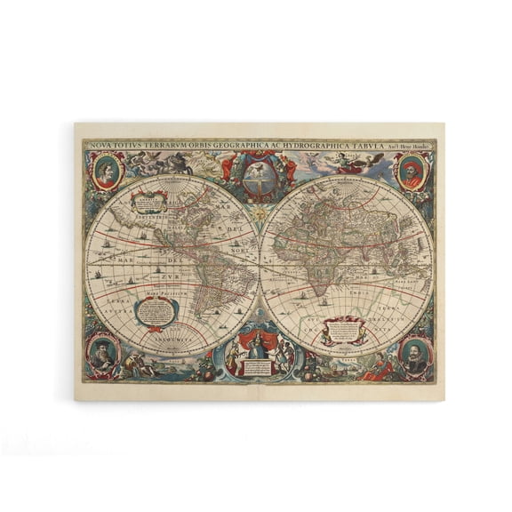 Hondius Pictorial Map 1641 World Hemispheres Canvas Wall Art Print 24X32"