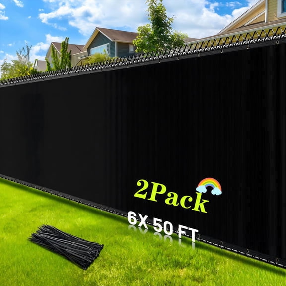 Honeal 6x50ft Privacy Fence Screen, Outdoor Garden Privacy Mesh with Straps & Brass Grommets, Black, 2-Pack for Windproof & 90% Privacy Shade Cover