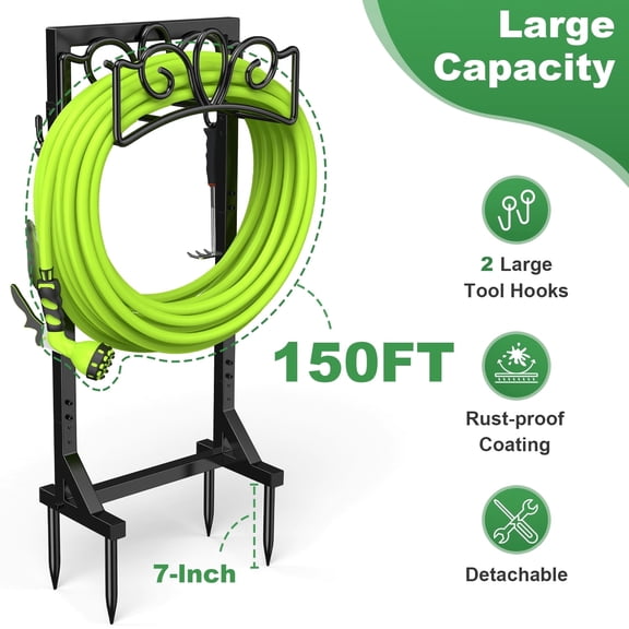 Honeal Garden Hose Holder, Water Hose Holders with 4 Spikes & 2 Tool Hooks, Metal Freestanding Detachable Heavy Duty Outdoor Hose Storage Stand