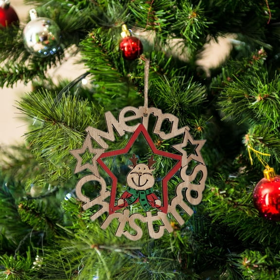 Honeeladyy 1 PC 4.7" Rustic Round Wood Merry Christmas Plaque, Reindeer Wall Hanging for Doors, Trees or Mantels, Natural Eco-Friendly Festive Decor