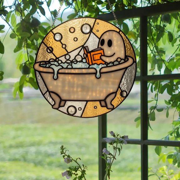 Honeeladyy 1 Pcs Bathing Ghost Acrylic Suncatcher Hanging Halloween Ornament Spooky Season Decor Sun Catcher for Window Acrylic Hanging Decorations for Indoor Outdoor