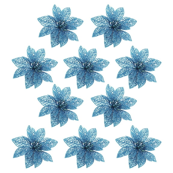 Honeeladyy 10 Pcs Blue Poinsettia Flower Artificial Poinsettia Christmas Decor Glitter Poinsettia Christmas Ornaments Christmas Tree Flower Decorations DIY Xmas Wreath Holiday Party Wedding Decor