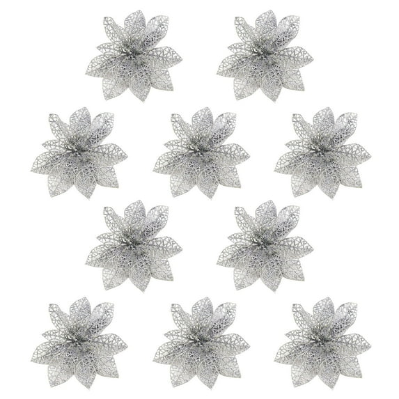 Honeeladyy 10 Pcs Silver Poinsettia Flower Artificial Poinsettia Christmas Decor Glitter Poinsettia Christmas Ornaments Christmas Tree Flower Decorations DIY Xmas Wreath Holiday Party Wedding Decor