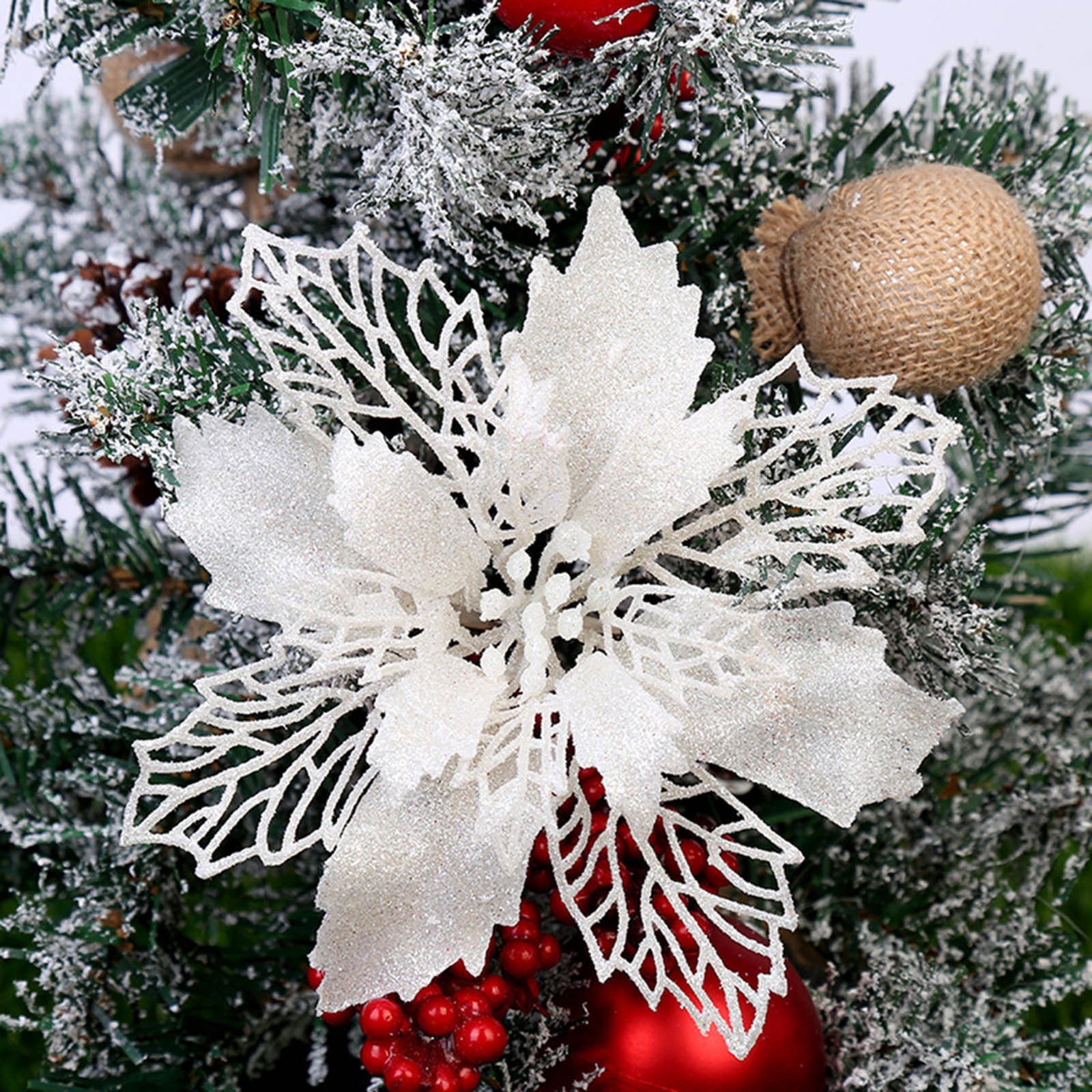 Honeeladyy 12 PCS Glitter Poinsettia Artificial Christmas Flowers with ...