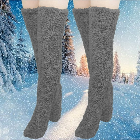Honeeladyy 2 Pairs of Over Knee High Fuzzy Socks Plush Slipper Stockings Furry Long Leg Warmers Winter Home Sleeping Socks