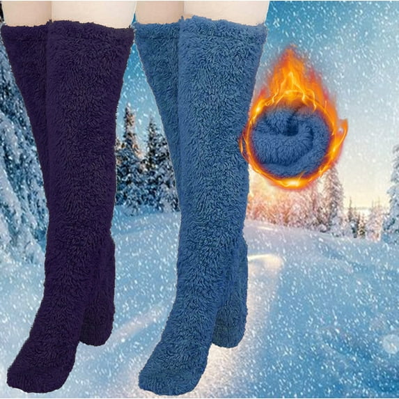 Honeeladyy 2 Pairs of Over Knee High Fuzzy Socks Plush Slipper Stockings Furry Long Leg Warmers Winter Home Sleeping Socks