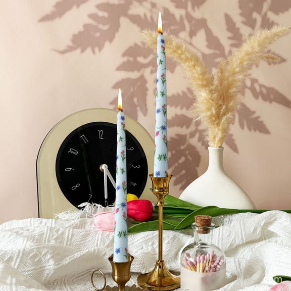 Honeeladyy 2 Pcs Rose Printed Dripless Taper Candles 10 Inch Tall Unscented Candle Stick Valentines Day Candle Set Gifts Holiday Decor for Dinner, Party, Wedding, Anniversary (Blue)