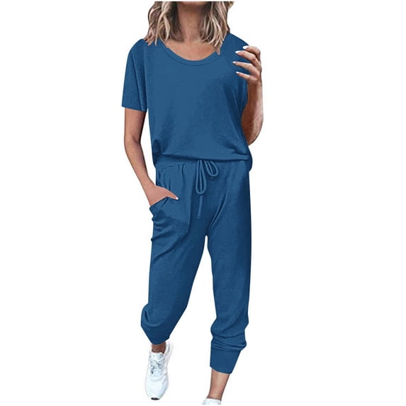 Honeeladyy 2 Piece Summer Sets for Women Comfy Loungewear Sets Short Sleeve Pullover With Drawstring Long Pants Jogger Set Blue XL