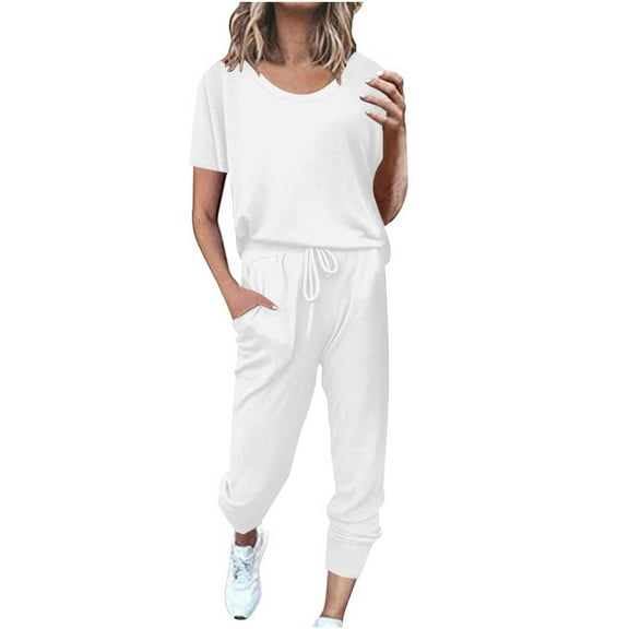 Honeeladyy 2 Piece Summer Sets for Women Comfy Loungewear Sets Short Sleeve Pullover With Drawstring Long Pants Jogger Set White S