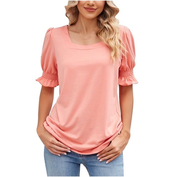 Honeeladyy 2024 Summer Puff Short Sleeve Tops for Women,Square Neck Solid Color Shirts Loose Fit Soft Basic Tees Gift Pink XXL
