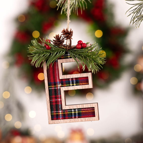 Honeeladyy 26 Letter Christmas Tree Pendant, 24 Alphabet Wooden Hanging Ornaments A to Z, Decorative Xmas Letters with Pines Cones and Berry for Tree Mantle , DIY Craft Christmas Ornaments (E)