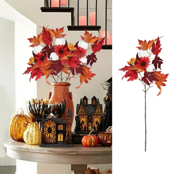 Honeeladyy 27.56" Artificial Maple Leaves Branch Fake Maple Leaves Branch with Pumpkin Sunflower Long Stem, Faux Branch for Autumn Vase Filler Home Office Wedding Halloween Thanksgiving Decoration