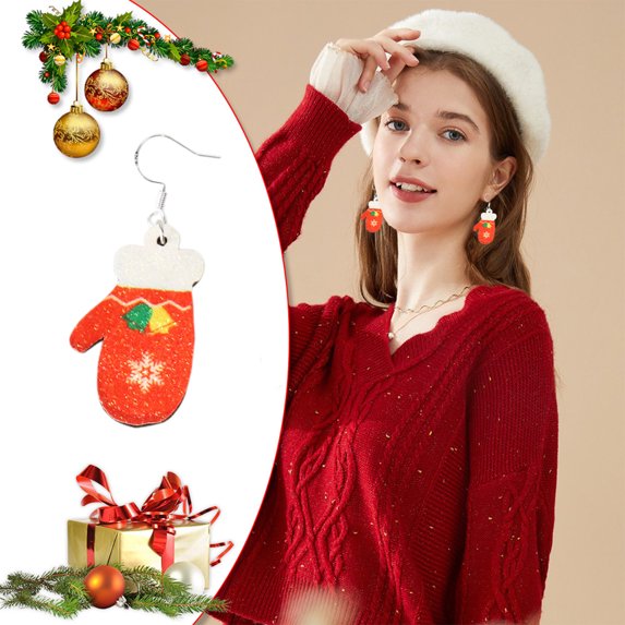 Honeeladyy 2Pcs Christmas Dangle Earrings for Women 2024 New Gloves Drop Jewelry Gifts Colorful Sparkling Silvered Plated Earrings Christmas New Year Birthday Party Gift