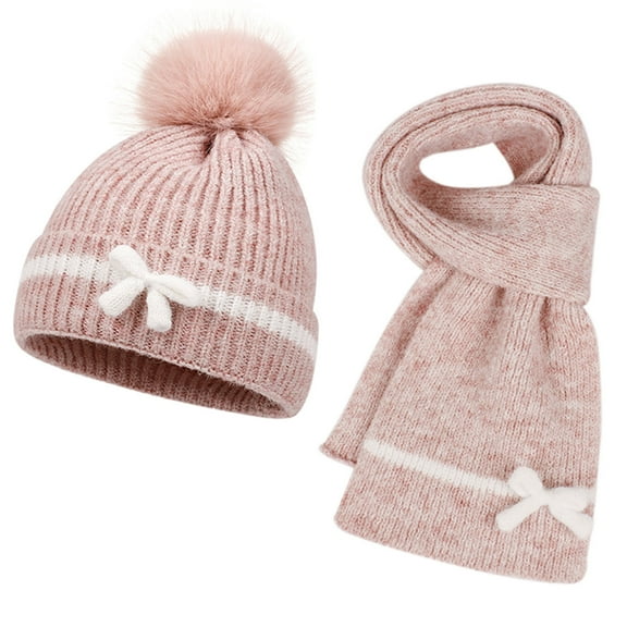Honeeladyy 2Pcs Kids Hat Scarf Set, Winter Knit Warm Soft Pom-Pom Beanie Outdoor for Boys Girls and Toddlers (2-6 Years, Pink)