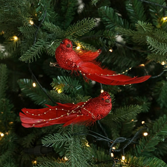 Honeeladyy 2Pcs Red Glitter Artificial Birds with Feathers for Decoration Fake Birds Ornaments for Crafts Home Party Holiday Decor, Christmas Tree, Realistic Bird Hanging Ornaments, 6.3" x1.78"