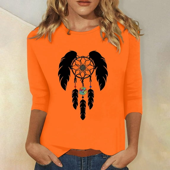 Honeeladyy 3/4 Length Sleeve Womens Tops Summer Loose Solid Crewneck T Shirts Casual Three Quarter Length Dressy Blouses for Jeans Leggings or Dresses (Orange,XL)