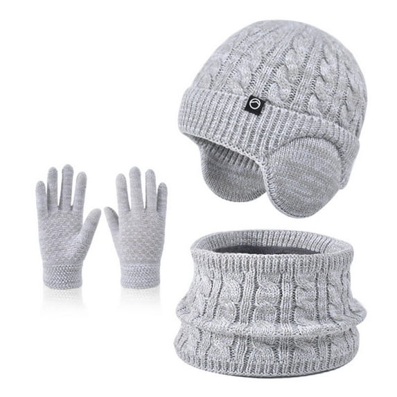 Honeeladyy 3 Pcs Toddler Scarf Hat Gloves Set, Boy Girl Winter Fleece Lined Windproof Knit Earflap Beanie Mitten Neck Warmer Birthday Gifts for Your Grandson Grandughter, Gray
