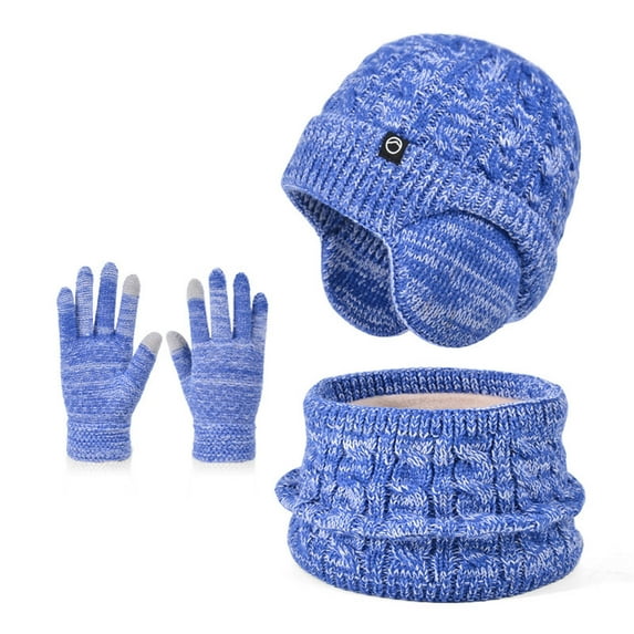 Honeeladyy 3 Pcs Toddler Scarf Hat Gloves Set, Boy Girl Winter Fleece Lined Windproof Knit Earflap Beanie Mitten Neck Warmer Birthday Gifts for Your Grandson Grandughter, Blue