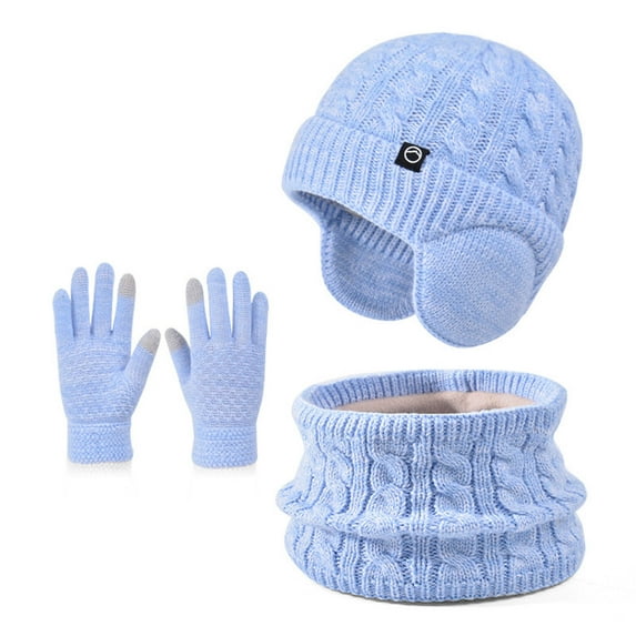 Honeeladyy 3 Pcs Toddler Scarf Hat Gloves Set, Boy Girl Winter Fleece Lined Windproof Knit Earflap Beanie Mitten Neck Warmer Birthday Gifts for Your Grandson Grandughter, Sky Blue