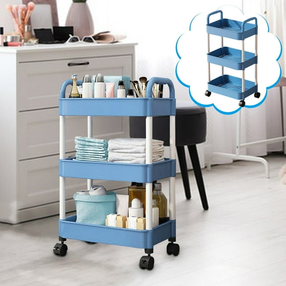 Honeeladyy 3-Tier Plastic Rolling Utility Cart with Handle,Movable Storage Trolley with Wheels Holds Snacks,Spice Bottles,Books,Cosmetic Products for Office,Living Room,Bedroom,Kitchen Blue