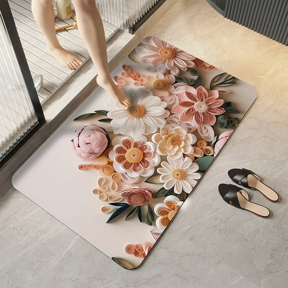 Honeeladyy 3D Flower Diatomite Bath Mat, 16" x 24" Diatomaceous Bath Mat for Bathroom, Super Absorbent Quick Drying Bathroom Stone Mat, Non-Slip Diatomite Shower Mat, Easy to Clean (Multicolor)