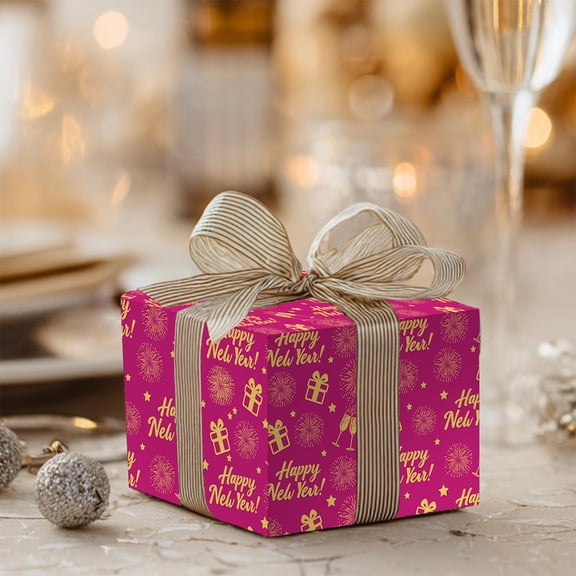 Honeeladyy 3Pcs New Year Wrapping Paper, 27x20in Black and Gold Gift Wrap with "Happy New Year" Lettering, Christmas Tree, Champagne Glasses, Snowflake Pattern for New Years' Eve Decor, Hot Pink