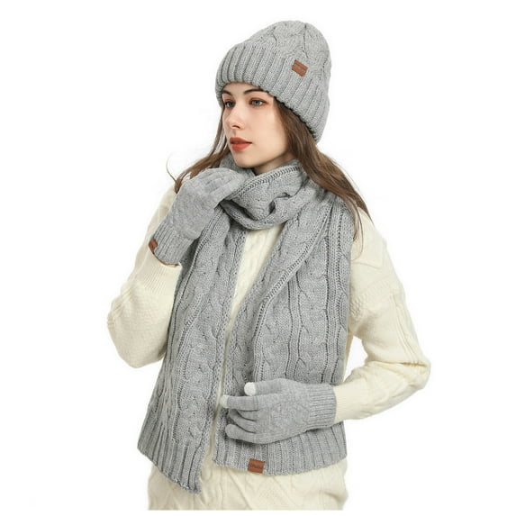 Honeeladyy 3Pcs Winter Beanie Hat Scarf Touchscreen Gloves Set for Men and Women, Fall Winter Casual Knitted Fleece Lined Hats Thermal Gloves Long Scarf for Cold Weather, Gray