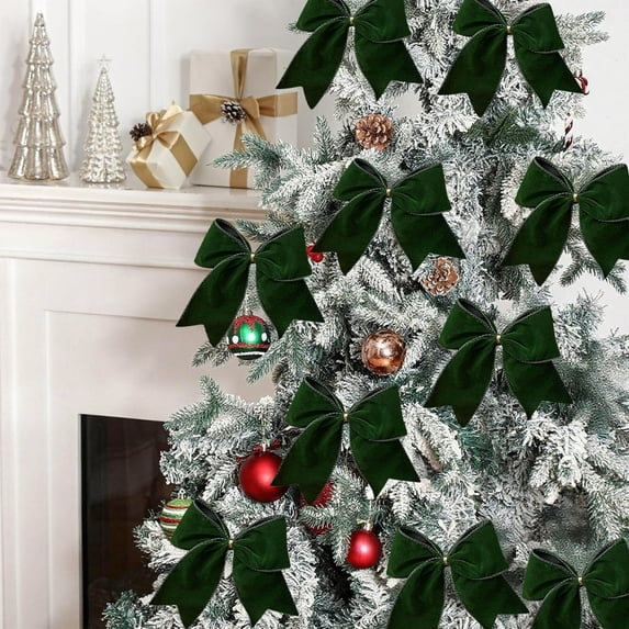 Honeeladyy 4Pcs Christmas Velvet Bows 5.91" Rustic Wreath Gift Bows Vintage Xmas Velvet Ribbon Bow Holiday Ornaments for Christmas Tree Garland DIY Craft Wrapping Decor (Green)