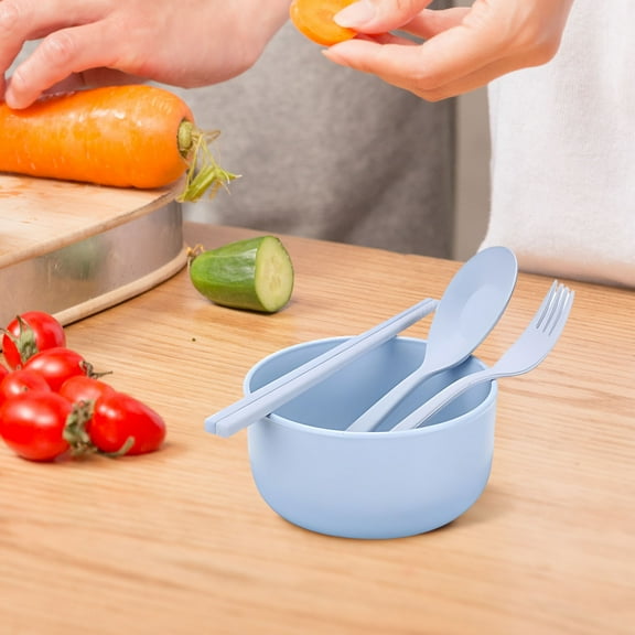Honeeladyy 4Pcs Wheat Straw Dinnerware Sets Lightweight Bowl Reusable Dinner Microwave Dishwasher Safe Portable Spoon Chopsticks Fork Dinnerware for Home School Office Picnic Travel, Blue